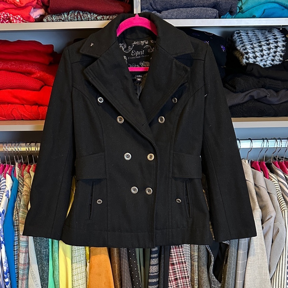 Esprit black 2 pocket double breasted elbow patch detail coat size S